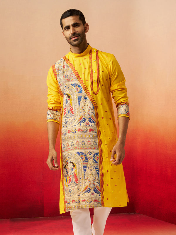 Vastramay Men Yellow Cotton High Neck Digital Print Kurta